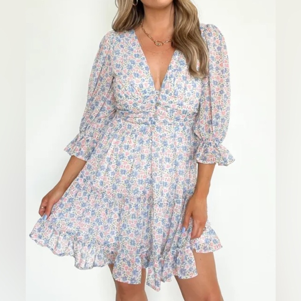 Peach Love Ruffle Floral Dress Blue and Pink S